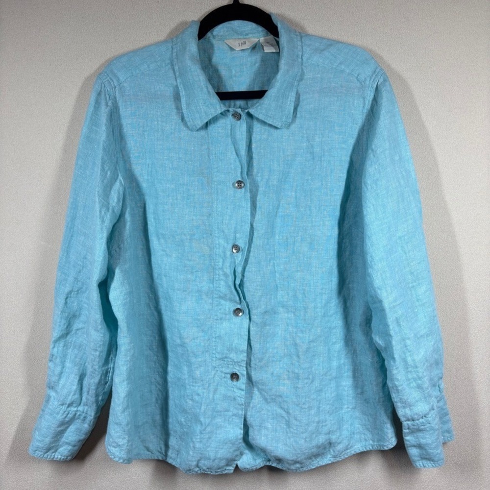 Vtg‎ J. Jill Womens XL Aqua Blue 100% Linen Long Sleeve Button Up Beach Travel
